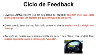 Ciclo de Feedback
Diversas Startups fazem isso em seu plano de negócio: parecem mais que estão
planejando lançar um foguete do que condução de um carro.
O método do Lean Startup foi criado com o intuito de ensinar você a dirigir uma
Startup.
Ao invés de pensar em inúmeras hipóteses para o seu plano, você poderá fazer
ajustes constantes com o controle do “volante”.
 