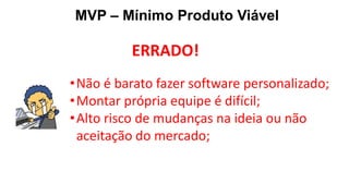 MVP – Mínimo Produto Viável
ERRADO!
•Não é barato fazer software personalizado;
•Montar própria equipe é difícil;
•Alto risco de mudanças na ideia ou não
aceitação do mercado;
 
