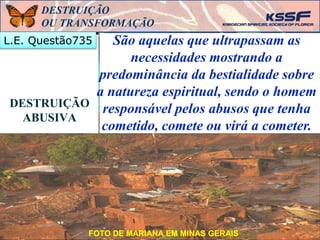 L.E.Q.735
DESTRUIÇÃO
ABUSIVA
São aquelas que ultrapassam as
necessidades mostrando a
predominância da bestialidade sobre
a natureza espiritual, sendo o homem
responsável pelos abusos que tenha
cometido, comete ou virá a cometer.
L.E. Q. 735
DESTRUIÇÃO
OU TRANSFORMAÇÃO
L.E. Questão735
FOTO DE MARIANA EM MINAS GERAIS
 