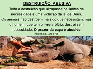 DESTRUIÇÃO ABUSIVA
Toda a destruição que ultrapassa os limites da
necessidade é uma violação da lei de Deus.
Os animais não destroem mais do que necessitam, mas
o homem, que tem o livre-arbítrio, destrói sem
necessidade. O prazer da caça é abusivo.
(Kardec, L.E. 728 a 736)
 