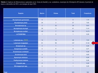 Espécie Macho Fêmea Total Frequência
Brumptomyia guimaraesi 5 1 6 1,70
Brumptomyia pintoi 24 3 27 7,65
Brumptomyia sp. 2 32 34 9,63
Brumptomyia brumpti 30 11 41 11,61
Brumptomyia avellari 45 7 52 14,73
LUTZOMYIINA 1 0 1 0,28
Lutzomyia sp., ????? 14 14 28 7,93
Lutzomyia longipalpis 91 56 147 41,64
Sciopemyia sp. 0 1 1 0,28
Sciopemyia sordellii 0 8 8 2,27
Evandromyia cortelezzii 1 0 1 0,28
Evandromyia lenti 2 1 3 0,85
Nyssomyia whitmani 0 1 1 0,28
Psathyromyia lutziana 1 0 1 0,28
Pressatia spp. 0 1 1 0,28
Micropygomyia spp. 0 1 1 0,28
Total 216 137 353 100
Tabela 1. Espécies de flebotomíneos capturados en la Gruta de Itambé y sus arededores, munícipio de Altinópolis-SP, durante el período de
marzo a diciembre de 2021, con trampas de tipo CDC.
 