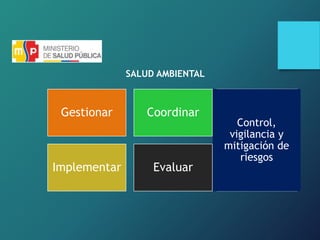 Gestionar Coordinar
Implementar Evaluar
Control,
vigilancia y
mitigación de
riesgos
SALUD AMBIENTAL
 