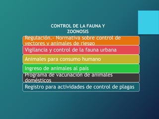 CONTROL DE LA FAUNA Y
ZOONOSIS
Regulación.- Normativa sobre control de
vectores y animales de riesgo
Vigilancia y control de la fauna urbana
Animales para consumo humano
Ingreso de animales al país
Programa de vacunación de animales
domésticos
Registro para actividades de control de plagas
 
