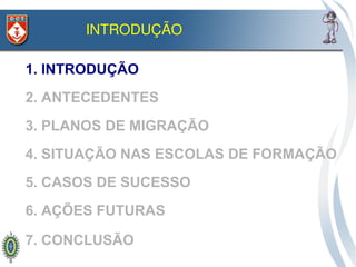 INTRODUÇÃO

1. INTRODUÇÃO
2. ANTECEDENTES
3. PLANOS DE MIGRAÇÃO
4. SITUAÇÃO NAS ESCOLAS DE FORMAÇÃO
5. CASOS DE SUCESSO
6. AÇÕES FUTURAS

7. CONCLUSÃO
 