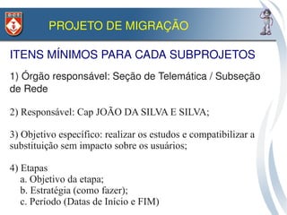 PROJETO DE MIGRAÇÃO

ITENS MÍNIMOS PARA CADA SUBPROJETOS
1) Órgão responsável: Seção de Telemática / Subseção 
de Rede

2) Responsável: Cap JOÃO DA SILVA E SILVA;

3) Objetivo específico: realizar os estudos e compatibilizar a
substituição sem impacto sobre os usuários;

4) Etapas
   a. Objetivo da etapa;
   b. Estratégia (como fazer);
   c. Período (Datas de Início e FIM)
 