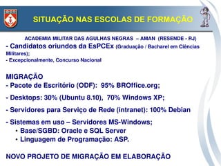 SITUAÇÃO NAS ESCOLAS DE FORMAÇÃO

       ACADEMIA MILITAR DAS AGULHAS NEGRAS  – AMAN  (RESENDE ­ RJ)
­ Candidatos oriundos da EsPCEx (Graduação / Bacharel em Ciências 
Militares);
­ Excepcionalmente, Concurso Nacional


MIGRAÇÃO
­ Pacote de Escritório (ODF):  95% BROffice.org;
­ Desktops: 30% (Ubuntu 8.10),  70% Windows XP;
­ Servidores para Serviço de Rede (intranet): 100% Debian
­ Sistemas em uso – Servidores MS­Windows;
   ● Base/SGBD: Oracle e SQL Server

   ● Linguagem de Programação: ASP.




NOVO PROJETO DE MIGRAÇÃO EM ELABORAÇÃO
 