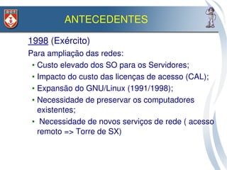 ANTECEDENTES

1998 (Exército)
Para ampliação das redes:
 • Custo elevado dos SO para os Servidores;
 • Impacto do custo das licenças de acesso (CAL);
 • Expansão do GNU/Linux (1991/1998);
 • Necessidade de preservar os computadores 
   existentes;
 •  Necessidade de novos serviços de rede ( acesso 
   remoto => Torre de SX)
 
