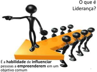 O que é
                                Liderança?




É a habilidade de influenciar
pessoas a empreenderem em um           2
objetivo comum
 