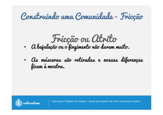 Construindo uma Comunidade 
Estágios que o grupo atravessa EEEssstttááágggiiiooosss qqquuueee ooo gggrrruuupppooo aaatttrrraaavvveeessssssaaa ppppaaaarrrraaaa cccchhhheeeeggggaaaarrrr 
àààà ccccoooommmmuuuunnnniiiiddddaaaaddddeeee:::: 
• Fingimento 
• Fricção 
• Formação 
• Funcionamento 
		
 
