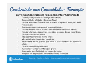 Construindo uma Comunidade - Formação 
“Se cada um varrer a calçada de 
casa, logo teremos uma rua 
limpa.” 
Provérbio Judaico 
		
 