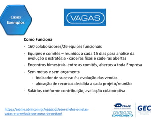 Como Funciona
- 160 colaboradores/26 equipes funcionais
- Equipes e comitês – reunidos a cada 15 dias para análise da
evolução x estratégia - cadeiras fixas e cadeiras abertas
- Encontros bimestrais entre os comitês, abertos a toda Empresa
- Sem metas e sem orçamento
- Indicador de sucesso é a evolução das vendas
- alocação de recursos decidida a cada projeto/reunião
- Salários conforme contribuição, avaliação colaborativa
Cases
Exemplos
https://exame.abril.com.br/negocios/sem-chefes-e-metas-
vagas-e-premiada-por-gurus-de-gestao/
 