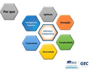 Liderança
Colaborativa
Inovação
ComplexidadeCriatividade
Diversidade
Inteligência
Coletiva
Agilidade
Por que
 