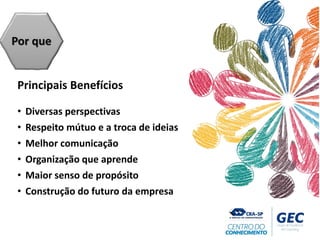 Principais Benefícios
• Diversas perspectivas
• Respeito mútuo e a troca de ideias
• Melhor comunicação
• Organização que aprende
• Maior senso de propósito
• Construção do futuro da empresa
Por que
 