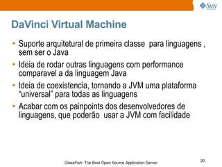 DaVinci Virtual Machine Suporte arquitetural de primeira classe  para linguagens , sem ser o Java Ideia de rodar outras linguagens com performance comparavel a da linguagem Java Ideia de coexistencia, tornando a JVM uma plataforma “universal” para todas as linguagens Acabar com os painpoints dos desenvolvedores de linguagens, que poderão  usar a JVM com facilidade 