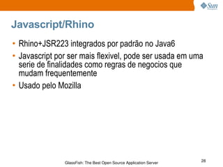 Javascript/Rhino Rhino+JSR223 integrados por padrão no Java6 Javascript por ser mais flexivel, pode ser usada em uma serie de finalidades como regras de negocios que mudam frequentemente Usado pelo Mozilla 