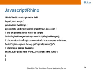 Javascript/Rhino //Hello World Javascript on the JVM! import javax.script.*; public class EvalScript { public static void main(String[] args) throws Exception { // cria um gerente para o motor de scripts ScriptEngineManager factory = new ScriptEngineManager(); // cria o motor JavaScript como mostrado nos exemplos anteriores ScriptEngine engine = factory.getEngineByName("js"); // interpreta o codigo Javascript engine.eval("print('Hello World, Javascript on the JVM')"); } } 