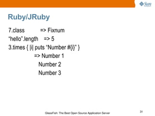 Ruby/JRuby 7.class  => Fixnum “hello”.length  => 5 3.times { |i| puts “Number #{i}” } => Number 1 Number 2 Number 3 