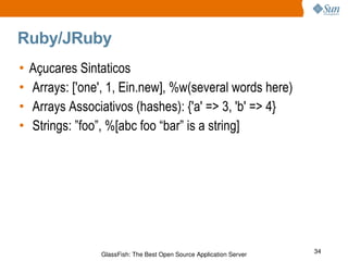 Ruby/JRuby Açucares Sintaticos Arrays: ['one', 1, Ein.new], %w(several words here) Arrays Associativos (hashes): {'a' => 3, 'b' => 4} Strings: ”foo”, %[abc foo “bar” is a string] 