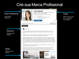 Crie sua Marca Profissional
Mídia
demonstre sua
história
Resumo
descreva suas
paixões
Foto Profissional
sua primeira
impressão
Título
Mostra “quem você
é” e o “valor que
você agrega”
 