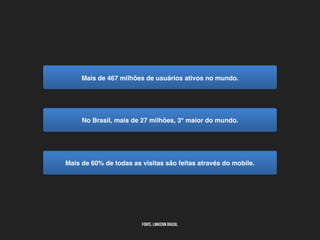Mais de 467 milhões de usuários ativos no mundo.
No Brasil, mais de 27 milhões, 3° maior do mundo.
Mais de 60% de todas as visitas são feitas através do mobile.
FONTE: LINKEDIN BRASIL
 