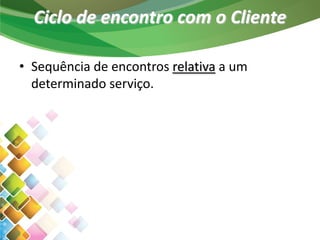 Ciclo de encontro com o Cliente
• Sequência de encontros relativa a um
determinado serviço.
 