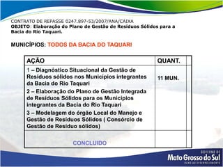 CONTRATO DE REPASSE 0247.897-53/2007/ANA/CAIXA
OBJETO: Elaboração do Plano de Gestão de Resíduos Sólidos para a
Bacia do Rio Taquari.


MUNICÍPIOS: TODOS DA BACIA DO TAQUARI

      AÇÃO                                               QUANT.
      1 – Diagnóstico Situacional da Gestão de
      Resíduos sólidos nos Municípios integrantes        11 MUN.
      da Bacia do Rio Taquari
      2 – Elaboração do Plano de Gestão Integrada
      de Resíduos Sólidos para os Municípios
      integrantes da Bacia do Rio Taquari
      3 – Modelagem do órgão Local do Manejo e
      Gestão de Resíduos Sólidos ( Consórcio de
      Gestão de Resíduo sólidos)


                        CONCLUIDO
 