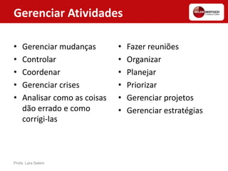 • Gerenciar mudanças
• Controlar
• Coordenar
• Gerenciar crises
• Analisar como as coisas
dão errado e como
corrigi-las
• Fazer reuniões
• Organizar
• Planejar
• Priorizar
• Gerenciar projetos
• Gerenciar estratégias
Profa. Lara Selem
Gerenciar Atividades
 