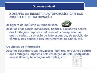 O processo da AI O DESAFIO DA INDÚSTRIA AUTOMOBOLÍSTICA E DOS ARQUITETOS DE INFORMAÇÃO Designers da indústria automobilística Desafio: criar carros inovadores, bonitos, exclusivos dentro das limitações impostas pelo modelo consagrado das quatro rodas, da direção do lado esquerdo, da posição do câmbio, dos pedais e dos instrumentos do painel, etc. Arquitetos de informação Desafio: desenhar sites inovadores, bonitos, exclusivos dentro das limitações impostas pela resolução de tela, usabilidade, acessibilidade, tecnologias utilizadas, etc. 