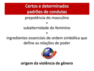 prepotência do masculino
+
subalternidade do feminino
=
ingredientes essenciais de ordem simbólica que
define as relações de poder
origem da violência de gênero
 