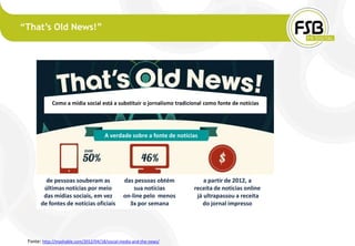 “That’s Old News!”




            Como a mídia social está a substituir o jornalismo tradicional como fonte de notícias




                                      A verdade sobre a fonte de notícias




         de pessoas souberam as                das pessoas obtém           a partir de 2012, a
        últimas notícias por meio                  sua notícias        receita de notícias online
        das mídias sociais, em vez             on-line pelo menos       já ultrapassou a receita
       de fontes de notícias oficiais            3x por semana            do jornal impresso




 Fonte: http://mashable.com/2012/04/18/social-media-and-the-news/
 