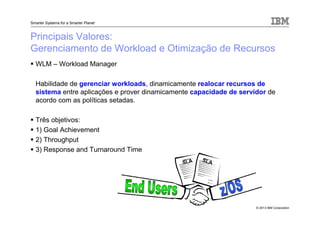 © 2013 IBM Corporation
Smarter Systems for a Smarter Planet
Principais Valores:
Gerenciamento de Workload e Otimização de Recursos
WLM – Workload Manager
Habilidade de gerenciar workloads, dinamicamente realocar recursos de
sistema entre aplicações e prover dinamicamente capacidade de servidor de
acordo com as políticas setadas.
Três objetivos:
1) Goal Achievement
2) Throughput
3) Response and Turnaround Time
 