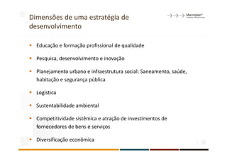 Dimensões de uma estratégia de
desenvolvimento

  Educação e formação profissional de qualidade

  Pesquisa, desenvolvimento e inovação

  Planejamento urbano e infraestrutura social: Saneamento, saúde,
  habitação e segurança pública

  Logística

  Sustentabilidade ambiental

  Competitividade sistêmica e atração de investimentos de
  fornecedores de bens e serviços

  Diversificação econômica
 