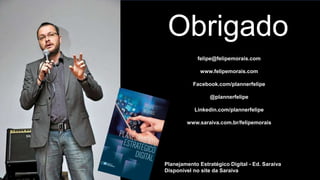 Obrigado
felipe@felipemorais.com
www.felipemorais.com
Facebook.com/plannerfelipe
@plannerfelipe
Linkedin.com/plannerfelipe
www.saraiva.com.br/felipemorais
Planejamento Estratégico Digital - Ed. Saraiva
Disponível no site da Saraiva
 