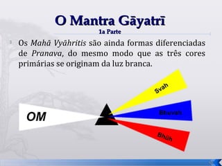 O Mantra Gāyatrī
                        1a Parte

    Os Mahā Vyāhritis são ainda formas diferenciadas
    de Pranava, do mesmo modo que as três cores
    primárias se originam da luz branca.

                                           h
                                       Sva


                                        Bhuvah
     OM
                                       Bh ū
                                           h


                                                       55
 