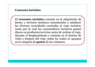 Consumo turístico


El consumo turístico consiste en la adquisición de
bienes y servicios turísticos encaminados a satisfacer
las diversas necesidades asociadas al viaje turístico,
razón por la cual los consumidores turísticos gastan
dinero en productos/servicios antes de realizar el viaje,
durante el desplazamiento y estancia en el destino de
visita y después del viaje, todas las cuales se agrupan
en la categoría de gastos de los visitantes.
 