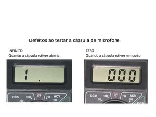 Defeitos ao testar a cápsula de microfone
INFINITO
Quando a cápsula estiver aberta
ZERO
Quando a cápsula estiver em curto
 