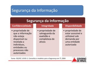 Segurança da Informação

                    Segurança da Informação
 Confidencialidade                      Integridade                    Disponibilidade
• propriedade de                  • propriedade de                   • propriedade de
  que a informação                  salvaguarda da                     estar acessível e
  não esteja                        exatidão e                         utilizável sob
  disponível ou                     completeza de                      demanda por
  revelada a                        ativos                             uma entidade
  indivíduos,                                                          autorizada
  entidades ou
  processos não
  autorizados

Fonte: ISO/IEC 13335-1: Conceitos e modelos para a Segurança em TI, 2004
 