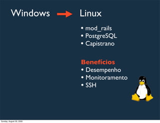 Windows         Linux
                          • mod_rails
                          • PostgreSQL
                       ...