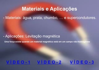 Materiais e Aplicações
- Materiais: água, prata, chumbo, … e supercondutores.
- Aplicações: Levitação magnética
Uma força existe quando um material magnético está em um campo não-homogêneo
V Í D E O - 1 V Í D E O - 2 V Í D E O - 3
 