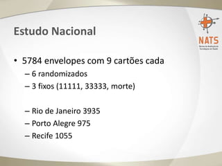 Estudo Nacional
• 5784 envelopes com 9 cartões cada
– 6 randomizados
– 3 fixos (11111, 33333, morte)
– Rio de Janeiro 3935
– Porto Alegre 975
– Recife 1055
 