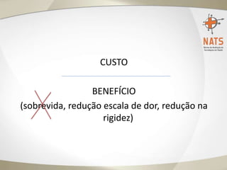 CUSTO
BENEFÍCIO
(sobrevida, redução escala de dor, redução na
rigidez)
 