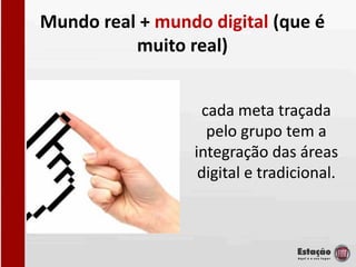 Mundo real + mundo digital (que é
          muito real)


                  cada meta traçada
                   pelo grupo tem a
                 integração das áreas
                  digital e tradicional.
 