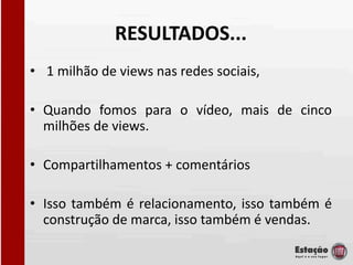 RESULTADOS...
• 1 milhão de views nas redes sociais,

• Quando fomos para o vídeo, mais de cinco
  milhões de views.

• Compartilhamentos + comentários

• Isso também é relacionamento, isso também é
  construção de marca, isso também é vendas.
 