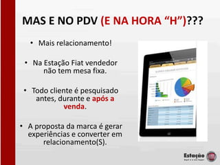 MAS E NO PDV (E NA HORA “H”)???
  • Mais relacionamento!

 • Na Estação Fiat vendedor
      não tem mesa fixa.

 • Todo cliente é pesquisado
    antes, durante e após a
             venda.

• A proposta da marca é gerar
  experiências e converter em
      relacionamento(S).
 
