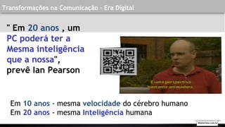 Transformações na Comunicação - Era Digital
Em 10 anos - mesma velocidade do cérebro humano
Em 20 anos - mesma Inteligência humana
" Em 20 anos , um
PC poderá ter a
Mesma inteligência
que a nossa",
prevê Ian Pearson
Walmirlima.com.br
 