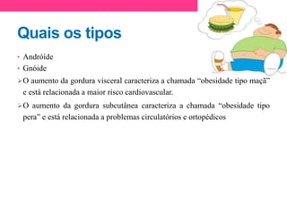 Quais os tipos
• Andróide
• Gnóide
O aumento da gordura visceral caracteriza a chamada “obesidade tipo maçã”
e está relacionada a maior risco cardiovascular.
O aumento da gordura subcutânea caracteriza a chamada “obesidade tipo
pera” e está relacionada a problemas circulatórios e ortopédicos
 