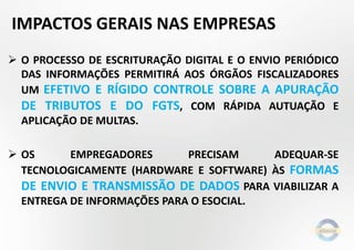 IMPACTOS GERAIS NAS EMPRESAS
 O PROCESSO DE ESCRITURAÇÃO DIGITAL E O ENVIO PERIÓDICO
DAS INFORMAÇÕES PERMITIRÁ AOS ÓRGÃOS FISCALIZADORES
UM EFETIVO E RÍGIDO CONTROLE SOBRE A APURAÇÃO
DE TRIBUTOS E DO FGTS, COM RÁPIDA AUTUAÇÃO E
APLICAÇÃO DE MULTAS.
 OS
EMPREGADORES
PRECISAM
ADEQUAR-SE
TECNOLOGICAMENTE (HARDWARE E SOFTWARE) ÀS FORMAS
DE ENVIO E TRANSMISSÃO DE DADOS PARA VIABILIZAR A
ENTREGA DE INFORMAÇÕES PARA O ESOCIAL.

 