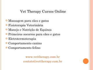 Vet Therapy Cursos Online Massagem para cães e gatos Fisioterapia Veterinária Manejo e Nutrição de Equinos Primeiros socorros para cães e gatos Eletrotermoterapia Comportamento canino Comportamento felino www.vettherapy.com.br [email_address] 
