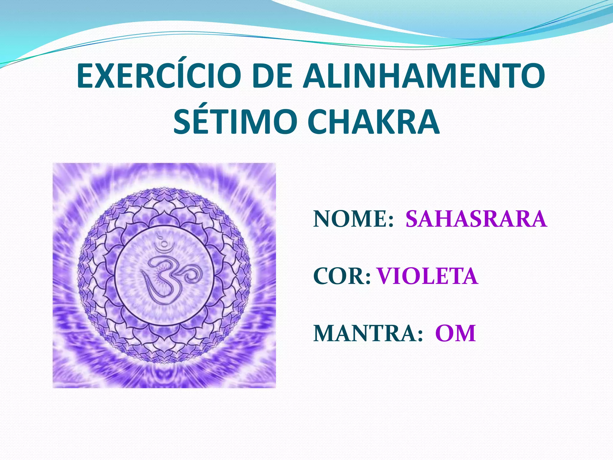 EXERCÍCIO DE ALINHAMENTOSÉTIMO CHAKRANOME:  SAHASRARACOR: VIOLETAMANTRA:  OM