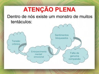 ATENÇÃO PLENA
Dentro de nós existe um monstro de muitos
tentáculos:
Tensão
crônica
Sentimentos
bloqueados
Entorpecimento
mental/
emocional
Falta de
genuína
compaixão
 